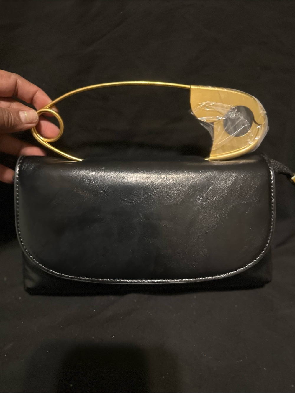 Classic Black Leather Clutch with Jumbo Gold Safety Pin Handle